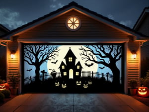 A H4ll0w5D00r style high-resolution photograph of a garage door with a Halloween-themed silhouette of A haunted house in a graveyard.