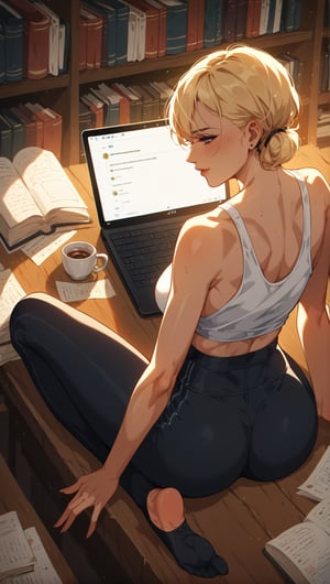 score_9, score_8_up, score_7_up, rating_questionable,Woman, wearing yoga pants, leaning on a wooden desk, surrounded by scattered papers, books, and a laptop, with a cup of coffee beside her, warm interior lighting, subtle shadows, soft,Cinematic photography, movie mood, cinematic light, compelling composition, storytelling elements, conveys emotion, mood, and narrative depth, creating visually striking images that feel like still frames from a film, blonde hair