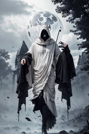 masterpiece, best quality, ultra high res, beautiful, visually stunning, elegant, incredible details , g0s1, faceless, no humans, cloak, robe, torn clothes, torn fabric, floating, grim reaper, black reaper:1.3, f1nt, moonlight, church, fantasy theme, horror \(theme\), death, ,fantasy00d,