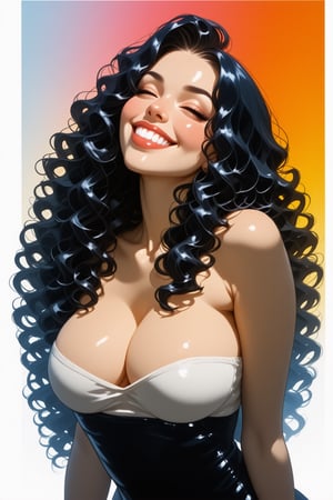 This is a digital illustration in a vibrant, semi-realistic anime style. The subject is a young woman with a light olive skin tone and a voluptuous figure, particularly notable for her large bust. She has long, voluminous, curly black hair cascading over her shoulders. Her eyes are closed, and she's smiling warmly, giving an impression of contentment or happiness, suprn1j1