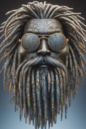 Retro futuristic sculpture made of thousands of individual pieces of acid etched Damascus steel, a 3 dimensional free-floating head of a rastafarian, full dreadlocked hair, looking up, aviator mirrored sunglasses, dreadlocked beard, damascus patternation, cold steel, backlit, highly reflective, dark gradient background, volumetric mist