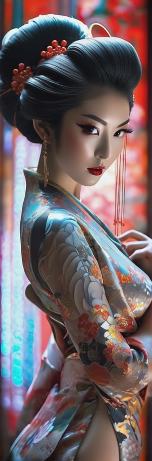 A Japanese woman in her twenties made of shiny white and silver translucent glass and plastic, slim voluptuous huge cleavage Geisha, geisha makeup and hairstyle, beautiful irezumi tattoos up and down her legs, Silver metal interior, dynamic poses, flowing organic structure, Glowing golden circuit, colorful neon decoration, light emitting circuit, neon decoration, Depth of field focus f/2.8