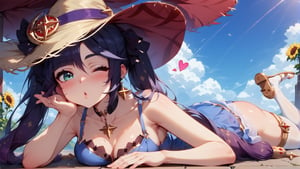 score_9, score_8_up, score_8_up, rating_safe, 4RCH0N, Expressiveh, ear piercings, cliff background, laying on stomach, looking at viewer, blowing kiss, one eye closed, heart blush, shiny skin, mona_(genshin_impact), genshin_impact, 1girl, black_hair, green_eyes, stockings, sundress, straw_hat, sandals, sunflowers, k1ss3s