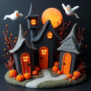 a 3d needle felted image of a halloween town with ghosts flying around and jack o lanterns in doorways