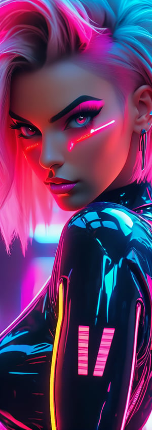 Macro script quality, ultra realistic,HD, HQ, 4K, 8K, high details, full body shot, neon background, young woman, huge cleavage, short pink hair, neon clothes, hand guns, futuristic, sci-fi, perfect face, perfect red eyes, full plump lips,