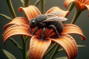 A highly detailed SponHumC0mbu5t style beautiful bumble bee, delicately perched on a lily petal collecting pollen. The bee body is completely made of ash. The lily is real. 