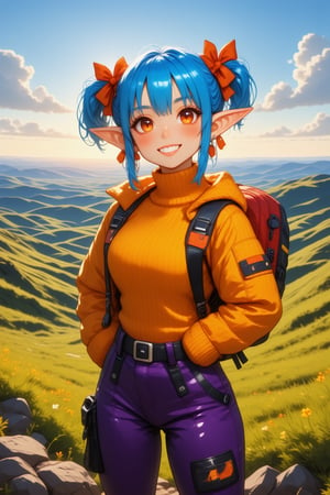 This image is a digital illustration in a vibrant, anime-inspired style. The subject is a young female elf with olive-green skin, large pointed ears, and striking blue hair styled into two high pigtails with orange bows. She has expressive, large red eyes with a mischievous sparkle and a smile. Her face is adorned with a few freckles and a slight blush on her cheeks, adding to her playful demeanor.

She is dressed in a bold, high-tech outfit that includes a form-fitting, orange ribbed turtleneck sweater and matching high-waisted, purple pants with multiple utility pockets. Over her shoulders, she wears a yellow, puffy jacket with a prominent zipper. The jacket has a more casual, layered look, suggesting a mix of fashion and practicality.

Her hands are positioned casually at her sides, and she has a small, red backpack slung over one shoulder, hinting at a sense of adventure or travel. The background features a sweeping landscape of rolling hills under a warm, golden sunset, with patches of lush green grass and a hint of a winding path or stream in the distance. The overall scene exudes a sense of tranquility and exploration., suprn1j1