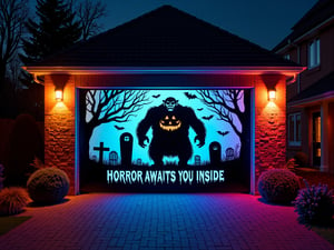 A H4ll0w5D00r style high-resolution photograph of an illuminated Halloween-themed garage door at night. The door is adorned with a striking black silhouetted scene of a giant ogre with a pumpkin-face in a graveyard. A scratched style gothic text sign reading "HORROR AWAITS YOU INSIDE" is illuminated in frosty cobalt blue letters below, adding to the eerie atmosphere. The garage door is set against a brick wall, which adds a rustic touch to the scene. The wall is illuminated by a series of colorful LED lights that create a gradient effect, transitioning from blue to purple to red, adding a dynamic and festive element to the overall design. The garage floor is paved with interlocking bricks, which are lit by the same colorful LED lights, creating a warm, inviting path leading up to the garage door. The background features dark, leafless trees and a small, fenced graveyard, enhancing the spooky ambiance. The image is a high-resolution digital photograph, capturing the vivid colors and intricate details of the Halloween-themed garage door.
