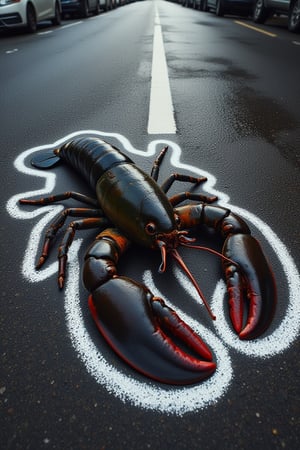 A lobster lying dead in the middle of the road, a chalk outline around it's body as if it was a crime scene