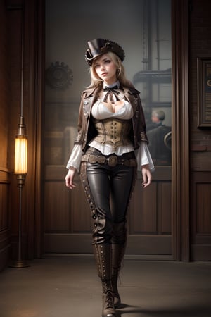 ((​masterpiece、top-quality)), (Photorealistic photography:1.4) ,(steampunc:1.6), White Elegance, (intricate detailes),1 persons, femele, 24 year old, Mystical Beautiful Girl, perfect anatomia, huge colossal cleavage, perfectly proportions, face perfect, Strong gothic makeup, Whitewashed face, Purple Lipstick, Purple eyeshadow, (Heavy makeup:1.4), Pathological beauty, Bright on the face, Details of face, serious faces, Platinum blond hair, long straight Cut Hair, Parting aligned bangs, Hair that flutters in the wind, Steampunk world, Leather jacket, Leather Vest, White blouses, Ribbon Ties, Long leather trousers, Leather Scout Mask, leather brim hat, lace-up boots, um Home Detetive, conceptual art, 真实感, godrays, Cinematographic lighting, canon, high details, hiquality, HD fine, 16K resolution, Full body portrait, full body Esbian