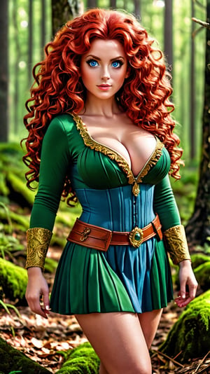 masterpiece, best quality, expressive eyes, perfect face, big eyes, looking at viewer, large breast, big breast, small waist, , Best Quality, Realistic, perfect figure, highly detailed, showing cleavage, dressed as merida from brave, Red curly hair, big hair, blue eyes, Green outfit, in the forest, detailed dress, freckles on her face, cheek blush, big puffy hair, very curly hair,Pixel art