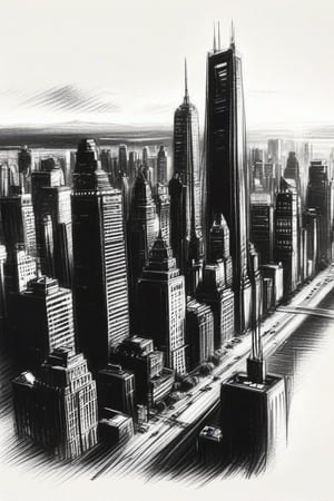 Fine charcoal illustration on canvas, cityscape, ariel view, vanishing perspective, Clean line art, Expressive lines, Painting in an expressive sketch style, hatching, Black and white sketch, handpainted, AAch4rc04l