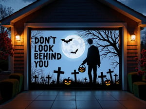 A H4ll0w5D00r style high-resolution photograph of a garage door with a Halloween-themed silhouette of a decapitated man holding a pumpkin in a graveyard. A scratched style text " DON'T LOOK BEHIND YOU " In frosty blue underneath.
