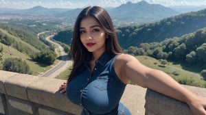 (masterpiece, best quality, ultra-detailed, 8K),high detail, realisitc detailed, (((1girl))), a beautiful young mature pakistani women slight fat curvy body with long flowy black hair over shoulders in the dark, weraing a full tight buttoned shirt and jeans standing on hte hill top taking a selfie, blue eyes, pale soft skin, kind smile, glossy lips, a serene and contemplative mood, setting on the top of the mountain, ,red lips,hd makeup,