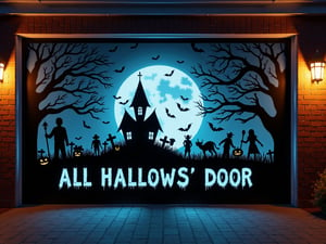 A H4ll0w5D00r style high-resolution photograph of a garage door with a Halloween-themed silhouette of a haunted house in a graveyard. A scratched style text " ALL HALLOWS' DOOR " In frosty blue underneath.