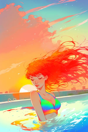 score_9, score_8_up, score_7_up, 1girl, long hair, bangs, half body in pool, (bikini), cleavage, wind hair, colourful, thermal, orange, green, yellow, blue, rooftop pool, sunset, skyline 