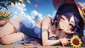 score_9, score_8_up, score_8_up, rating_safe, 4RCH0N, Expressiveh, ear piercings, cliff background, laying on side, looking at viewer, blowing kiss, one eye closed, heart blush, shiny skin, mona_(genshin_impact), genshin_impact, 1girl, black_hair, green_eyes, stockings, sundress, straw_hat, sandals, sunflowers, k1ss3s