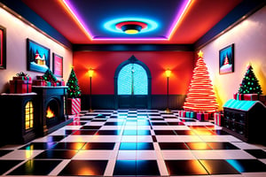 Wave Art Style, santas house has a checkered floor indoors with neon lights christmas tree and presents, scenery, speaker, tile floor, tiles,
