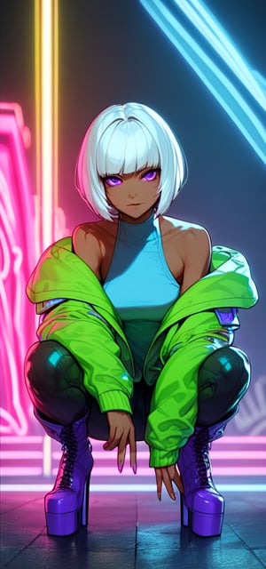  looking at viewer, 1girl, solo, looking at viewer, short hair, bangs, simple background, long sleeves, bare shoulders, purple eyes, jacket, full body, white hair, boots, sleeveless, dark skin, off shoulder, high heels, dark-skinned female, squatting, bob cut, yellow background, green jacket, purple footwear, platform footwear, (((neon theme))), dark theme, vivid color, masterpiece, best quality, amazing quality, very aesthetic, absurdres, depth of field, score_9, score_8, score_7, score_6,sexy girl