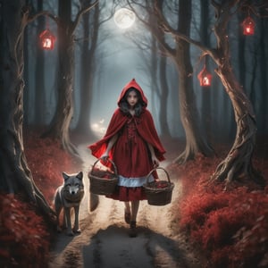 photo of a young female caucasian little red riding hood, long dark hair, carrying basket, standing slightly bent looking towards the trees, a wolf (hiding in the trees:1.4) peering at her with glowing eyes barely visible, full body shot, a winding dirt path through a forest, indirect moonlight and starlight, shot on Sony A7III, dreamy haze