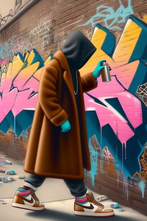 electricboogaloostyle, no face, solo, gloves, long sleeves, holding, standing, full body, shoes, pants, coat, no humans, sneakers, wall, brown coat, graffiti, spray can

