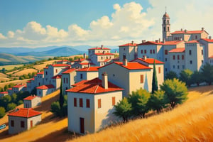 An EdwardH0pp3r style oil on canvas painting depicting a hillside Italian village with it's beautiful minimalist architecture casting enigmatic complex shadows.