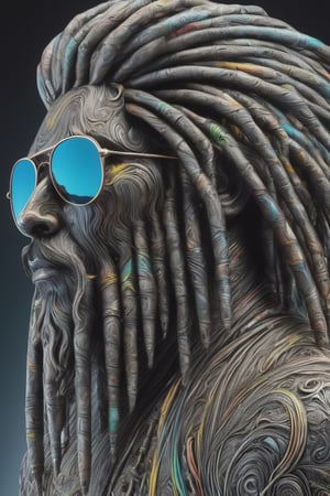 Retro futuristic sculpture made of thousands of individual pieces of acid etched Damascus steel, a 3 dimensional free-floating head of a rastafarian, viewed from the side, head back, looking up, full dreadlocked hair, (aviator, mirror sunglasses:1.2), dreadlocked beard, damascus patternation, cold steel, backlit, highly reflective, dark gradient background, volumetric mist