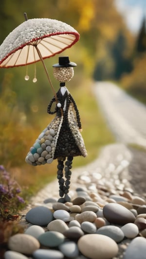 A whimsical character made out of smooth river pebbles. Dressed elegantly. Holding a parasol. Strolling on a country road. Inspired by Katia Chausheva's viennese actionism.