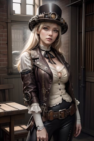 ((​masterpiece、top-quality)), (Photorealistic photography:1.4) ,(steampunc:1.6), White Elegance, (intricate detailes),1 persons, femele, 24 year old, Mystical Beautiful Girl, perfect anatomia, huge cleavage, perfectly proportions, face perfect, Strong gothic makeup, Whitewashed face, Purple Lipstick, Purple eyeshadow, (Heavy makeup:1.4), Pathological beauty, Bright on the face, Details of face, serious faces, Platinum blond hair, long straight Cut Hair, Parting aligned bangs, Hair that flutters in the wind, Steampunk world, Leather jacket, Leather Vest, White blouses, Ribbon Ties, Long leather trousers, Leather Scout Mask, leather brim hat, lace-up boots, um Home Detetive, conceptual art, 真实感, godrays, Cinematographic lighting, canon, high details, hiquality, HD fine, 16K resolution, Full body portrait, full body Esbian