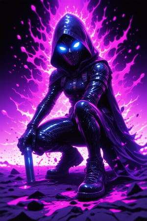 This is a vibrant digital artwork featuring a dynamic, futuristic character. The central figure is a humanoid with a sleek, black, form-fitting suit adorned with metallic white and silver accents. The suit has a hooded cape that billows out behind, adding a sense of movement and depth. The character's face is obscured by a glowing, ethereal mask that emits a bright, neon blue light, giving it a mysterious and otherworldly appearance. The eyes are the only visible part of the mask, adding an intense, almost menacing expression. The figure is crouching down with one arm thrust forward toward the viewer.

The background is a vivid, electric purple, with splashes of pink and magenta, creating a dramatic and energetic atmosphere. The ground beneath the character appears to be a futuristic, metallic surface with abstract, splatter-like patterns, enhancing the sci-fi theme. The character's pose is dynamic, with one arm extended forward, fingers outstretched, as if reaching or grabbing something. The other arm is bent at the elbow, with the hand gripping a small, cylindrical object that emits a faint, glowing light.

The overall style is bold and expressive, with a mix of sharp lines and bold colors, typical of modern digital comic art. The character's outfit and pose convey a sense of power and readiness for action, shot from a low angle looking up, suprn1j1