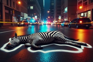 A Zebra lying dead on the asphalt on a busy city street at night. The body is surrounded with a white chalk outline depicting a crime scene. Flashing police lights, yellow tape, raining, 