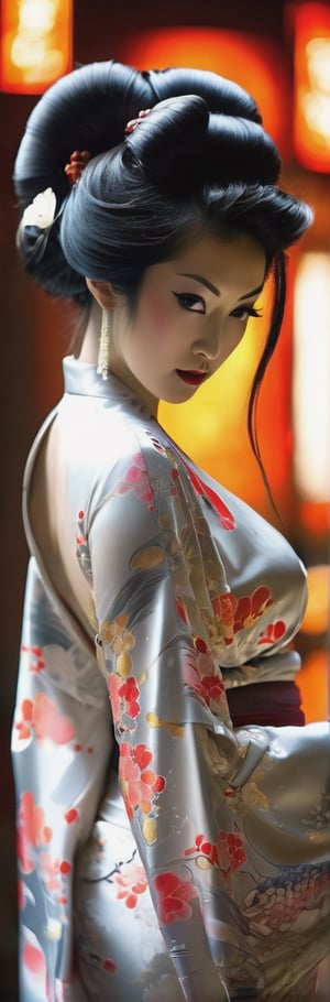 A Japanese woman in her twenties made of shiny white and silver translucent glass and plastic, slim voluptuous huge cleavage:1.3 Geisha, geisha makeup and hairstyle, beautiful irezumi tattoos up and down her legs, Silver metal interior, dynamic poses, flowing organic structure, Glowing golden circuit, colorful neon decoration, light emitting circuit, neon decoration, Depth of field focus f/2.8