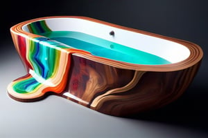 AAr3s1nfl0w, epoxy resin, vibrant colours, fluid dynamic, flowing, timber, photo \(object\), grey background, gradient, gradient background, no humans, still life, reflection, shadow, bathtub, object, water effect