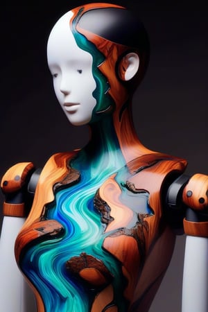 A photorealistic image of a female android made from epoxy resin and timber, concept fusion piece, vibrant colour resin, fluid dynamic, flowing, exotic timber, detailed background, no humans, still life, reflection, shadow, water effect, AAr3s1nfl0w