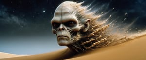 An entire sand dune metamorphosizes in to the unearthly terrifying form of a golum's head, from the side, ultra detailed head disolving in to sand, ((dune made of sand)), ((golum made of sand)), in style of 1984 Dune directed by David Lynch and blade runner 1982, black sky stars in sky , photographic, cinematic photography,