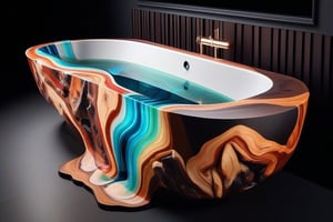 A photorealistic image of a bathtub made from epoxy resin and timber, concept fusion piece, vibrant colour resin, fluid dynamic, flowing, exotic timber, detailed background, no humans, still life, reflection, shadow, water effect, AAr3s1nfl0w