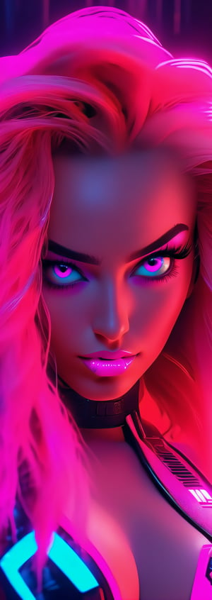 Macro script quality, ultra realistic,HD, HQ, 4K, 8K, high details, full body shot, neon background, young woman, huge cleavage, long pink hair, neon clothes, hand guns, futuristic, sci-fi, perfect face, perfect red eyes, full plump lips,