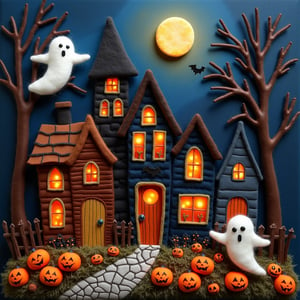 a 3d needle felted image of a halloween town with ghosts flying around and jack o lanterns in doorways