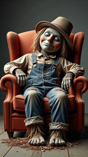 Photo of a scarecrow sitting in an armchair, sleeping, straw hat, carrot nose, straw poking out of clothes, tattered clothes, ash legs, ash feet, 