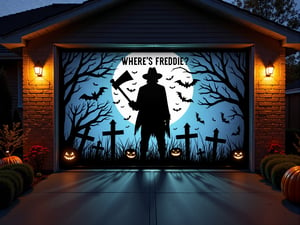 A H4ll0w5D00r style high-resolution photograph of a garage door with a Halloween-themed silhouette of a mad axeman in a graveyard. A scratched style text " WHERE'S FREDDIE? " In frosty blue underneath.
