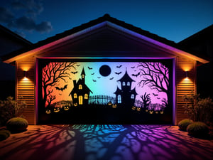 A H4ll0w5D00r style high-resolution photograph of a garage door with a Halloween-themed silhouette of A haunted house in a graveyard. Backlit by a cobalt blue moon, multi-coloured led lights light the facade and transfer to the path. Long shadows stretch out on to the path from the silhouette.