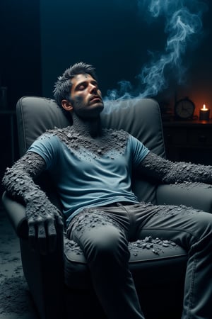 A young man in a dimly lit room is seated in a gray cushioned armchair with his eyes closed, seemingly in a relaxed or meditative state. The man is covered from head to toe in a thick layer of gray, powdery substance, which appears to be either ash or a fine, granular material. His skin is barely visible through the coating, giving him a ghostly appearance. He is wearing a plain, light blue t-shirt and gray pants, which are also partially covered by the powder. His left arm rests on the armrest of the chair, while his right arm hangs loosely over the side. The chair is positioned in the center of the image, with the man's feet resting on the floor. In the background, there is a dimly lit desk with various objects scattered on it, including a candle, a book, and a small, round object that might be a clock or a lamp. The room has a dark, moody ambiance with a blue tint, and there is a faint, wispy trail of smoke emanating from the man's mouth, suggesting he is smoking. The overall atmosphere is introspective and slightly eerie.