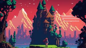 Pixel-Art Adventure featuring a Girl: Pixelated girl character, vibrant 8-bit environment, reminiscent of classic games.,Leonardo Style

