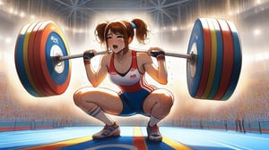 1girl,petite figure, sports shorts, fingerless gloves,sweat, crying, head down,athletes uniforms, ((holding barbell)), squatting, olympic venues,((weightlifting failure)),motion lines, stadium,((olympic rings symbol)), crowd in distant stands, cinematic light