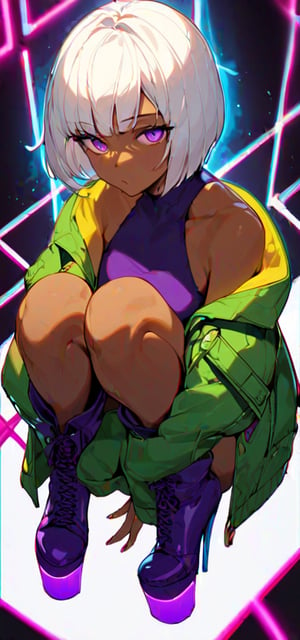  looking at viewer, 1girl, solo, looking at viewer, short hair, bangs, simple background, long sleeves, bare shoulders, purple eyes, jacket, full body, white hair, boots, sleeveless, dark skin, off shoulder, high heels, dark-skinned female, squatting, bob cut, yellow background, green jacket, purple footwear, platform footwear, (((neon theme))), dark theme, vivid color, masterpiece, best quality, amazing quality, very aesthetic, absurdres, depth of field, score_9, score_8, score_7, score_6,sexy girl