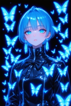 This is a digital illustration featuring a young, androgynous character with a light skin tone and short, spiky, neon blue hair. The character has large, expressive eyes that glow with a similar neon blue hue, and they are adorned with a pair of glowing blue butterfly earrings. The character's attire is a form-fitting, high-collar jacket with a distinct, geometric pattern of black and white, accented with a series of small, glowing blue butterflies. The jacket has a high collar that frames the character's face, and a large, bow-like detail is visible at the center of the chest. The background is pitch black, which contrasts sharply with the bright, glowing elements of the character and the butterflies surrounding them. The butterflies are depicted with intricate, glowing blue patterns, adding a sense of depth and movement to the image. The overall style is a blend of anime and digital art, with a focus on vibrant, neon colors and glowing elements, creating a surreal and otherworldly atmosphere. The texture of the clothing is smooth and reflective, adding to the futuristic and magical feel of the illustration, suprn1j1