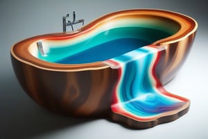 AAr3s1nfl0w, epoxy resin, vibrant colours, fluid dynamic, flowing, timber, photo \(object\), grey background, gradient, gradient background, no humans, still life, reflection, shadow, bathtub, object, water effect