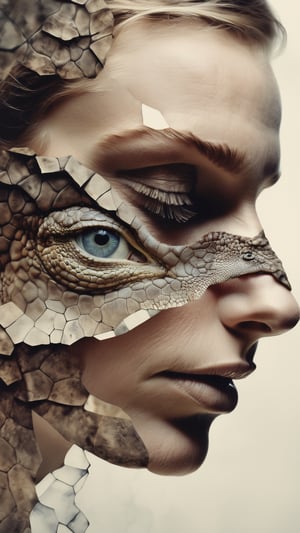 split image, woman with reptile skin, amazing depth, double exposure, intricately detailed, bokeh, perfect balanced, deep fine borders, artistic photorealism, smooth, great masterwork by head of prompt engineering, art by Gabriele Viertel, Januz Miralles.