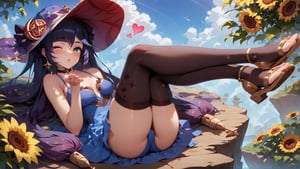 score_9, score_8_up, score_8_up, rating_safe, 4RCH0N, Expressiveh, ear piercings, cliff background, looking at viewer, blowing kiss, one eye closed, heart, blush, shiny skin, legs crossed, mona_(genshin_impact), genshin_impact, 1girl, black_hair, green_eyes, stockings, sundress, straw_hat, sandals, sunflowers, k1ss3s