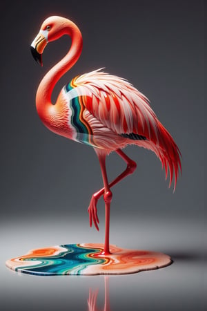 ResinflowFu510n style flamingo in a highly detailed hyper-realistic image, standing on one leg in a reflective pond. The flamingo has a river of vibrant epoxy resin running through it's pink body, creating a visually stunning fusion of fluidity and animal. Creating amazing reflections from the calm waters.